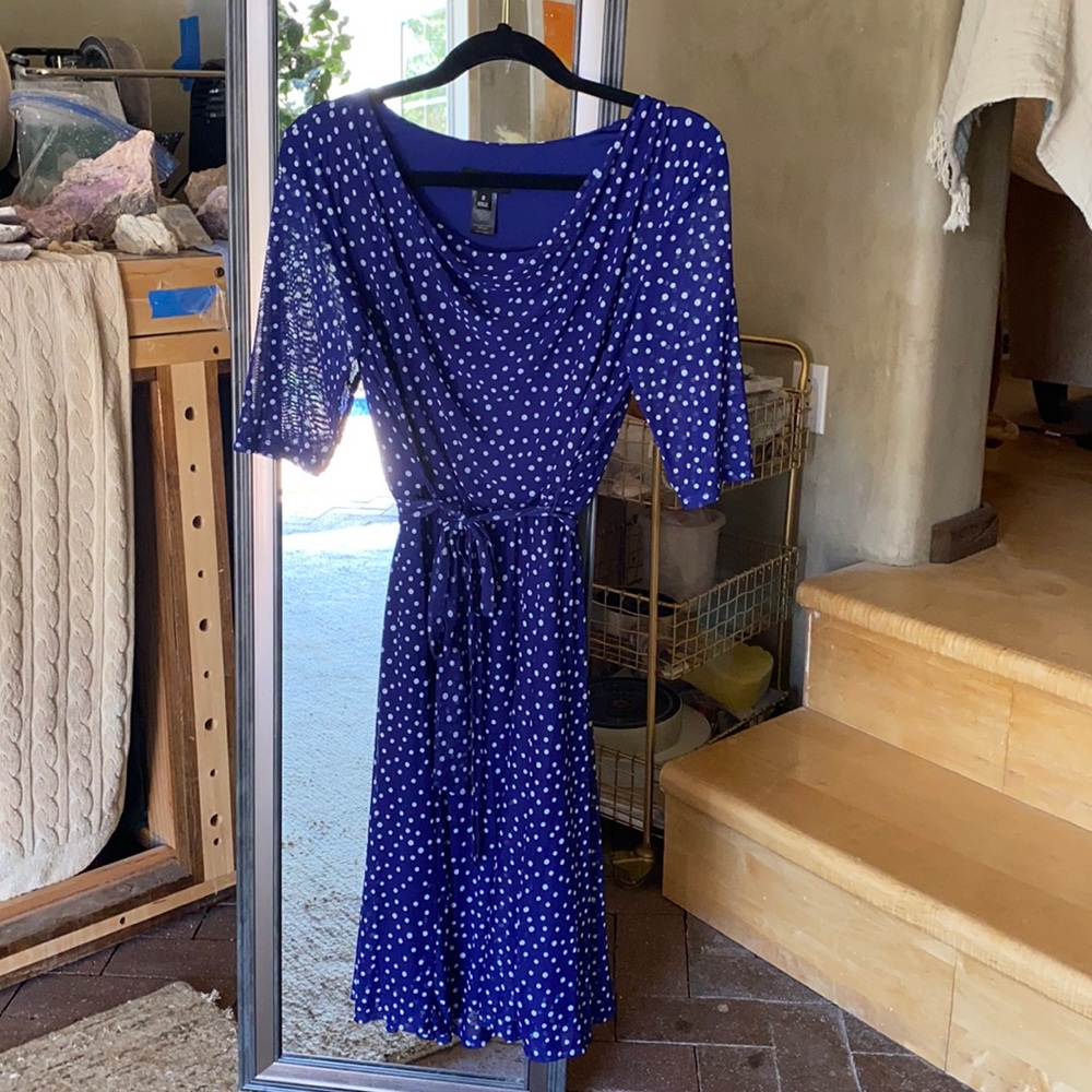 Blue polka dot tie-front rouched dress.